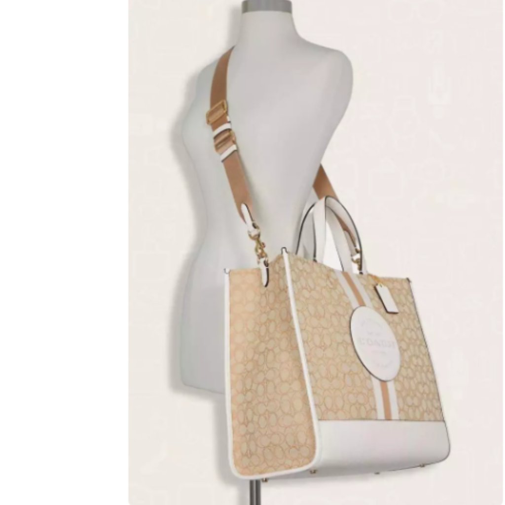 Coach Dempsey Tote 40 Signature Jacquard Lt Khaki Chalk Stripe Carryall & Wristl
